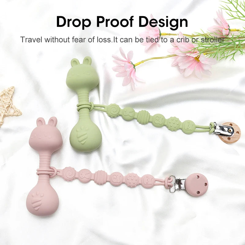 Baby Bunny Silicone Rattle Teether | Easy-Grip Dumbbell Toy for Infants