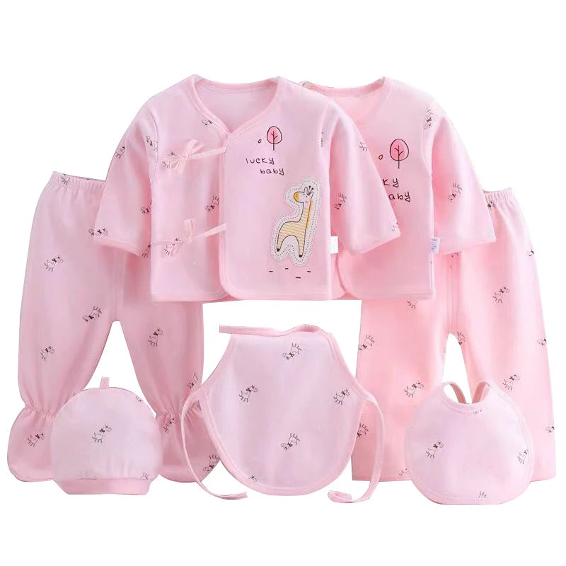 7-Piece Newborn Baby Clothing Set | Cartoon Cotton T-Shirt, Pants & Hat 0-3 Months