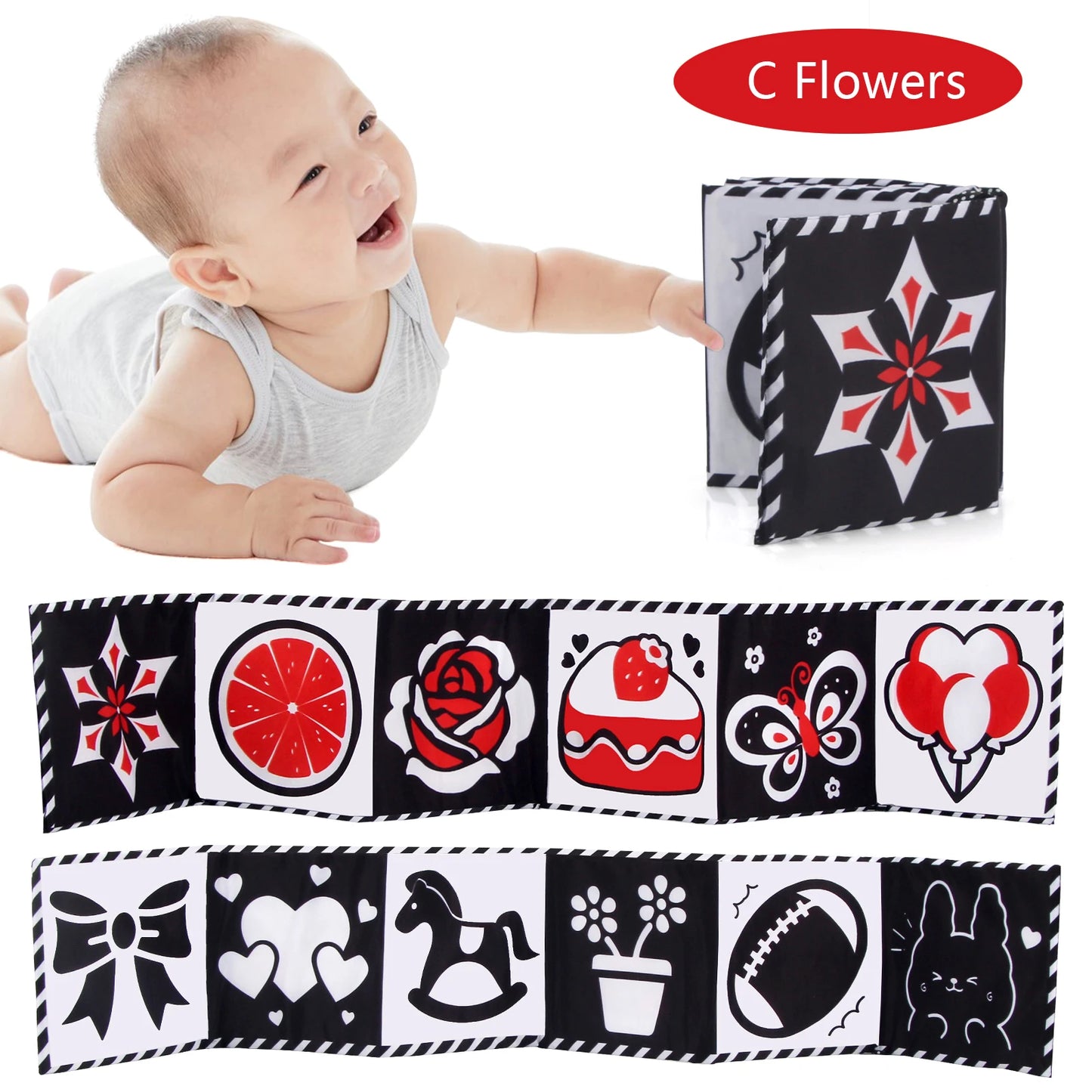 High Contrast Sensory Cloth Book for Babies | Black & White Montessori Newborn Toy