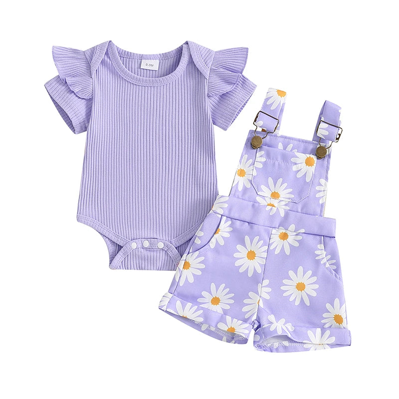 Baby Girl Flower Print Romper & Suspender Shorts Set | Summer Outfit 0-18 Months