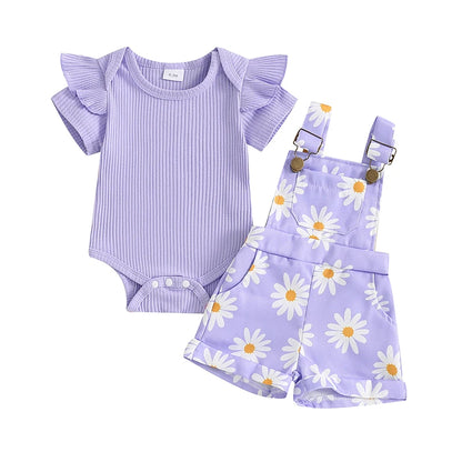 Baby Girl Flower Print Romper & Suspender Shorts Set | Summer Outfit 0-18 Months