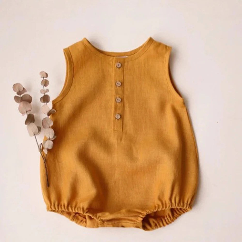 Newborn Linen Cotton Sleeveless Romper | Breathable Unisex Bodysuit 0–24 Months