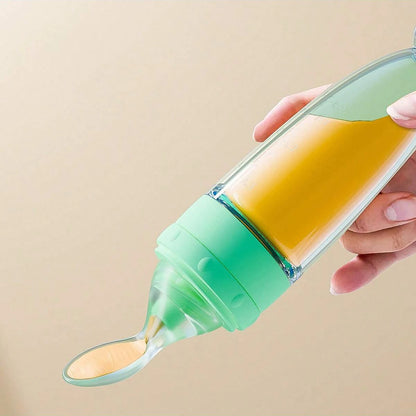 90ml Colourful Silicone Baby Bottle Feeder | Soft Spoon, Suction Cup & Dust Cap | Portable Squeeze Bottle