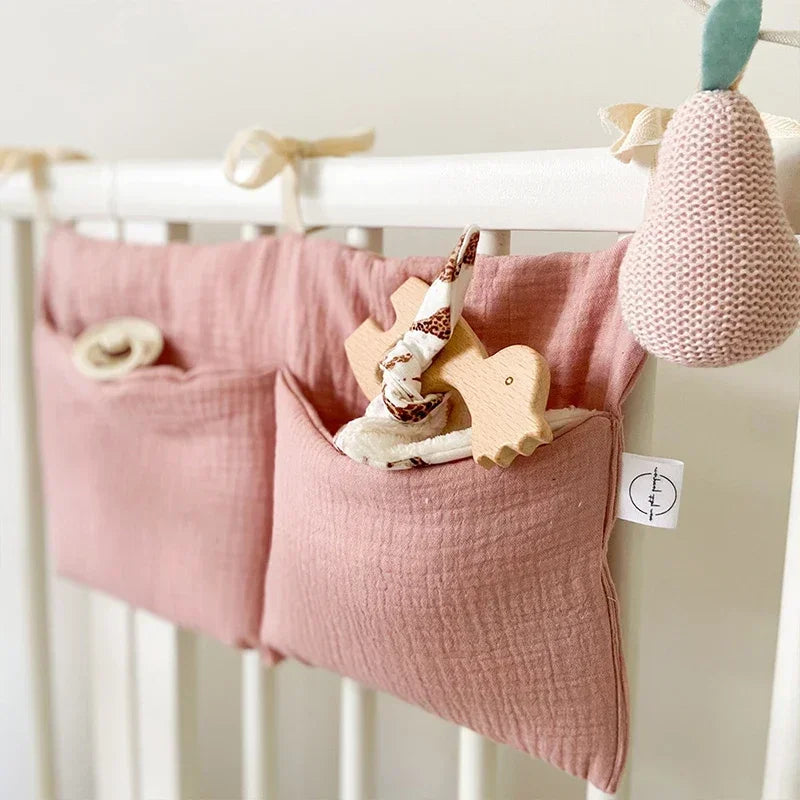 Baby Crib Storage Bag | Cotton Double Pouch Bed Organiser for Nappies, Toys & Essentials