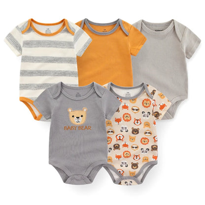 Baby Unisex Cotton Bodysuit 5-Pack | Short Sleeve Cartoon Print 0-12 Months