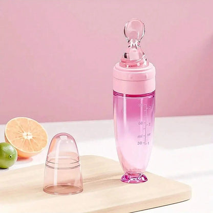 90ml Colourful Silicone Baby Bottle Feeder | Soft Spoon, Suction Cup & Dust Cap | Portable Squeeze Bottle