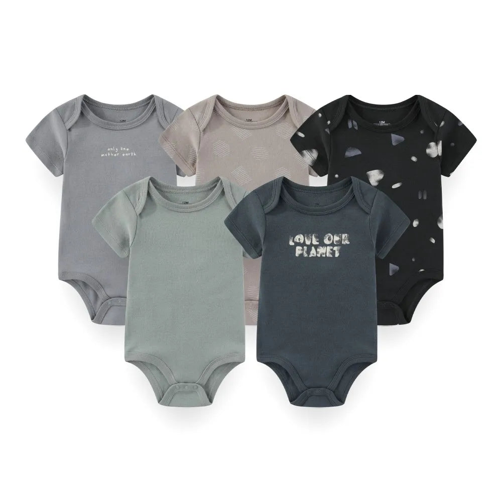 Baby Unisex Cotton Bodysuit 5-Pack | Short Sleeve Cartoon Print 0-12 Months