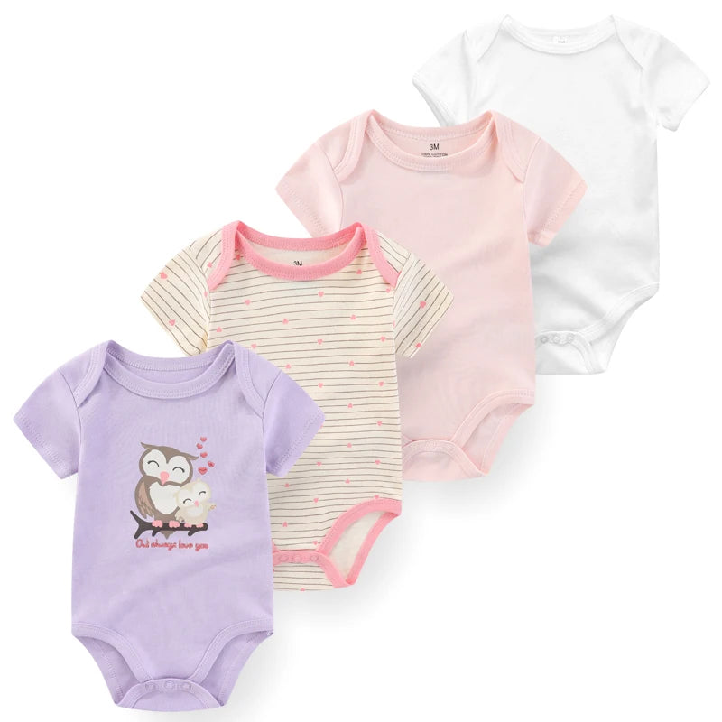 Baby Cartoon Cotton Romper 4-Piece Set | Short Sleeve Newborn Bodysuit 3-12 Months