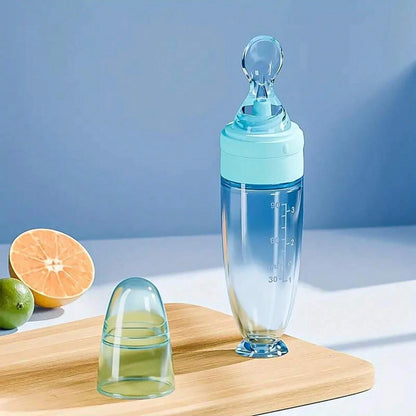90ml Colourful Silicone Baby Bottle Feeder | Soft Spoon, Suction Cup & Dust Cap | Portable Squeeze Bottle