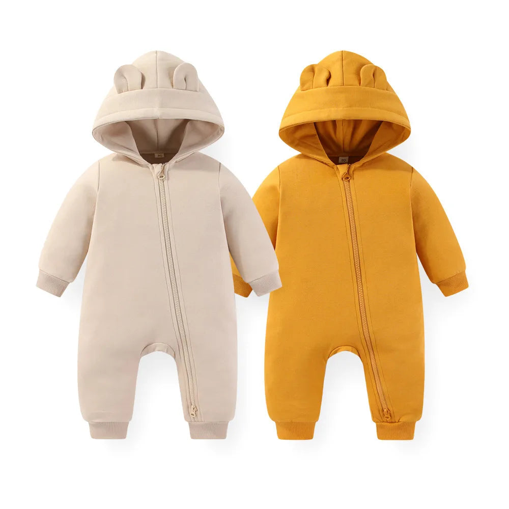 Baby Unisex Cotton Hooded Romper 2-Pack | 2-Way Zipper Long Sleeve 0-24 Months