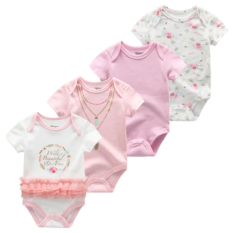 Baby Cartoon Cotton Romper 4-Piece Set | Short Sleeve Newborn Bodysuit 3-12 Months