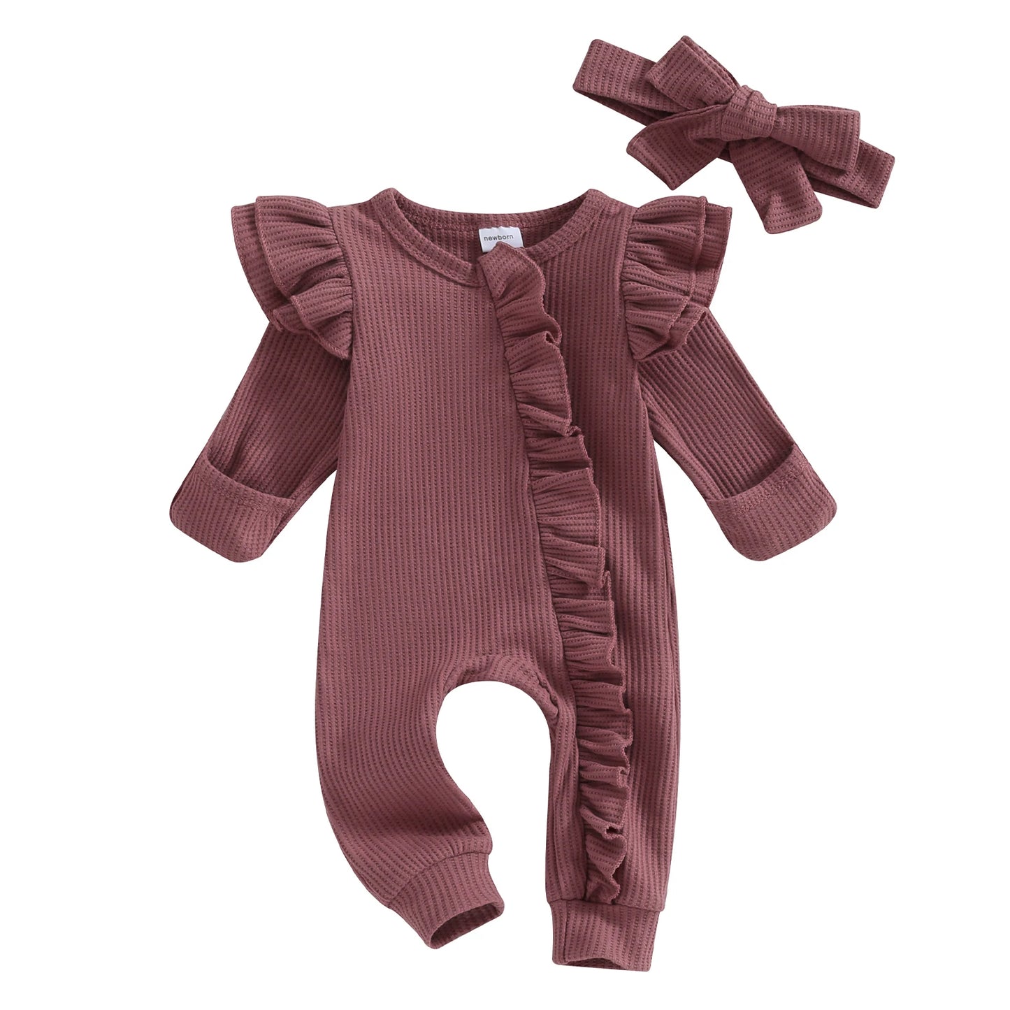 Baby Girl Ruffle Sleeve Zipper Romper & Bow Headband Set | Solid Colour 0-12 Months
