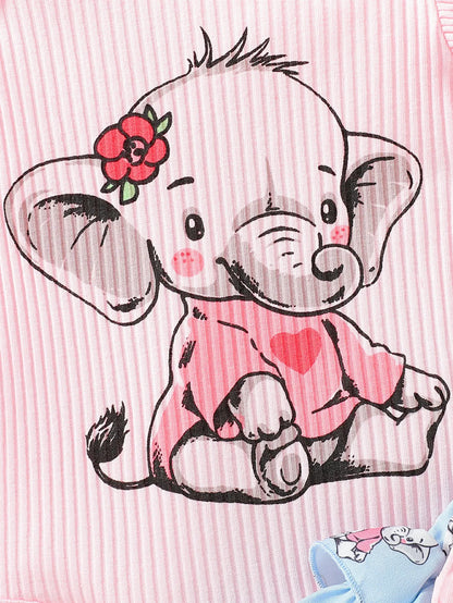 Baby Girl Elephant Print T-Shirt, Headband & Overalls Set