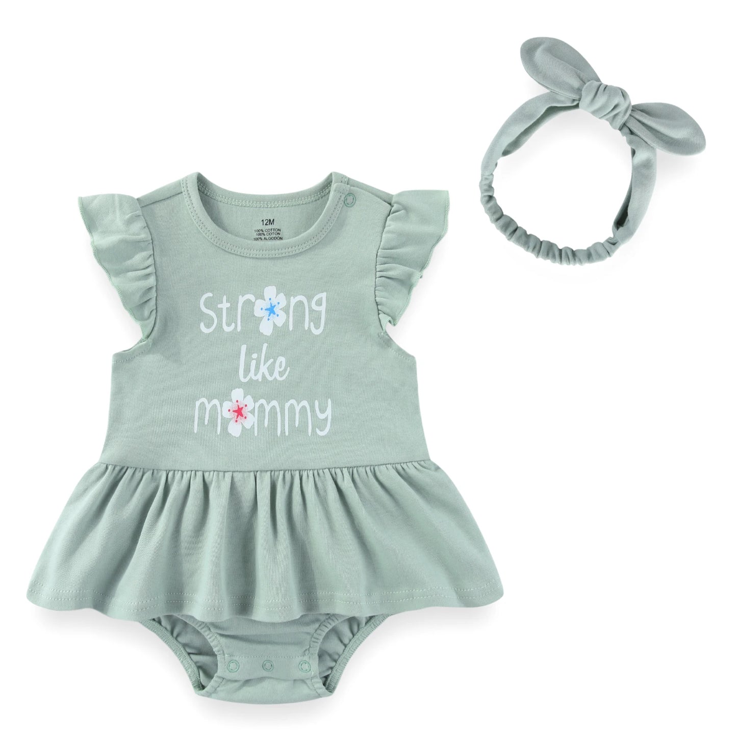 Baby Girl Cartoon Bodysuit & Bow Headband Set | Flutter Sleeve 100% Cotton 0-24M