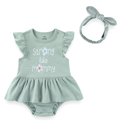 Baby Girl Cartoon Bodysuit & Bow Headband Set | Flutter Sleeve 100% Cotton 0-24M