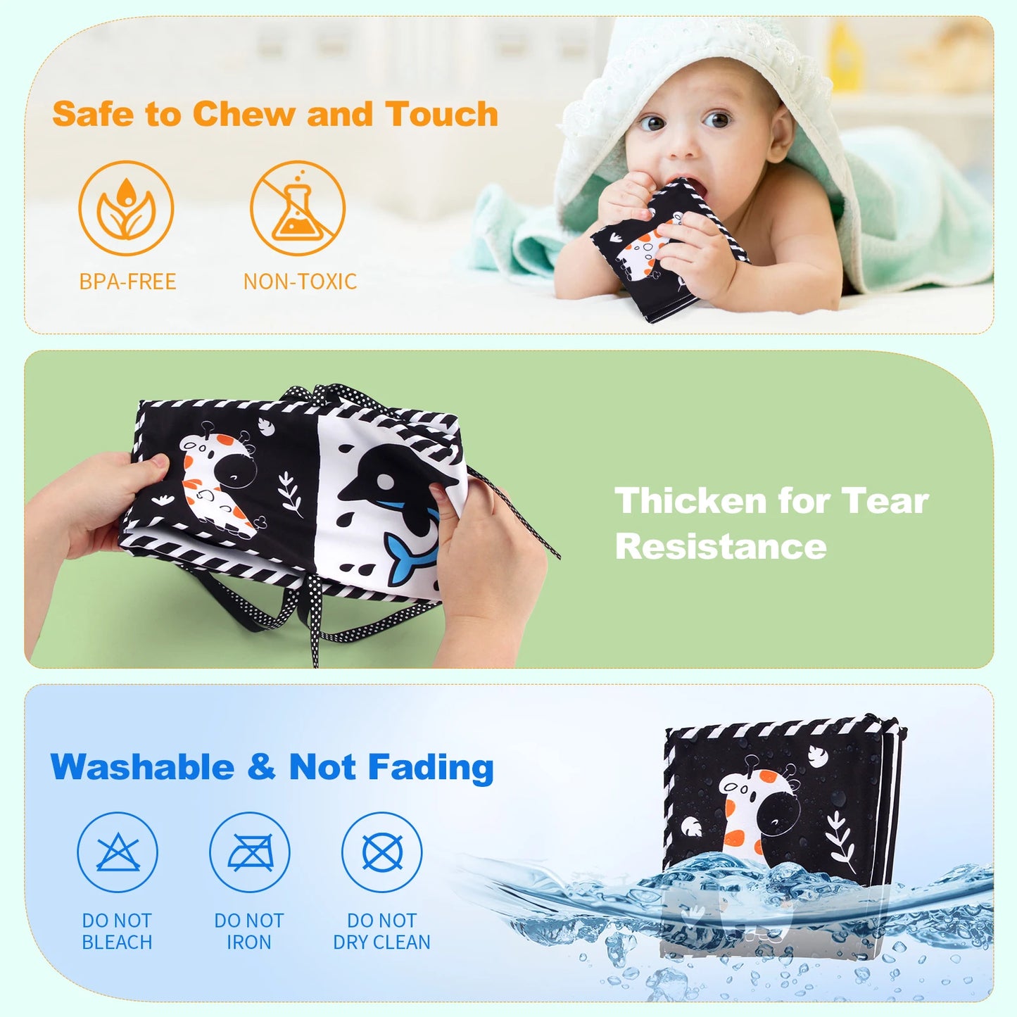 High Contrast Sensory Cloth Book for Babies | Black & White Montessori Newborn Toy