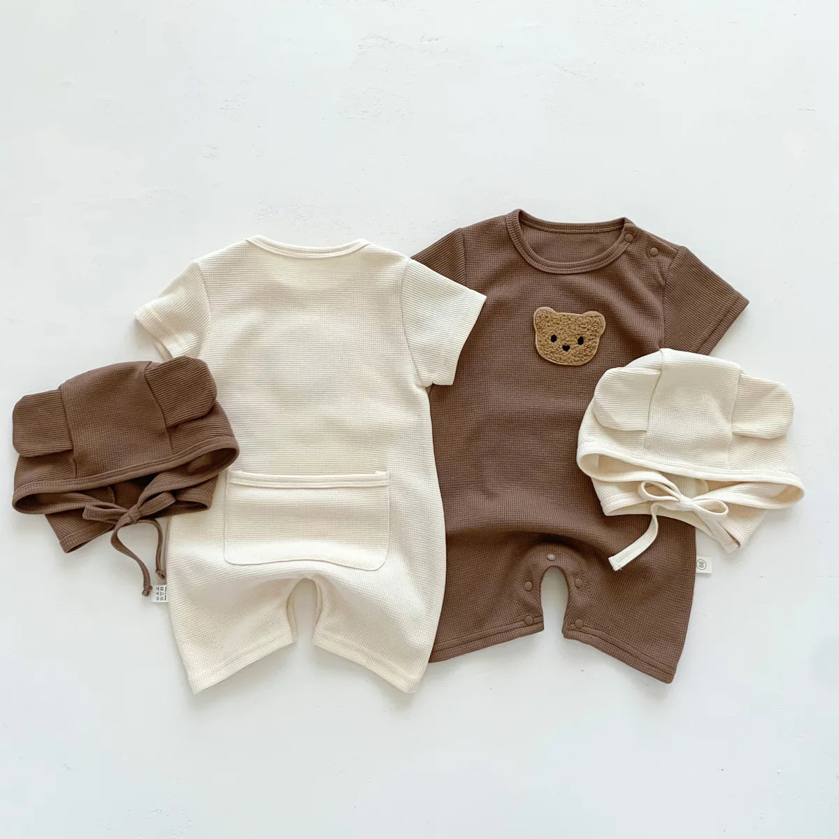Baby Waffle Bear Romper & Hat Set | Short Sleeve Newborn Jumpsuit 0-24 Months
