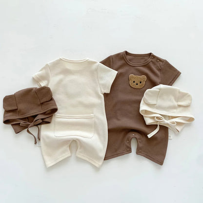 Baby Waffle Bear Romper & Hat Set | Short Sleeve Newborn Jumpsuit 0-24 Months