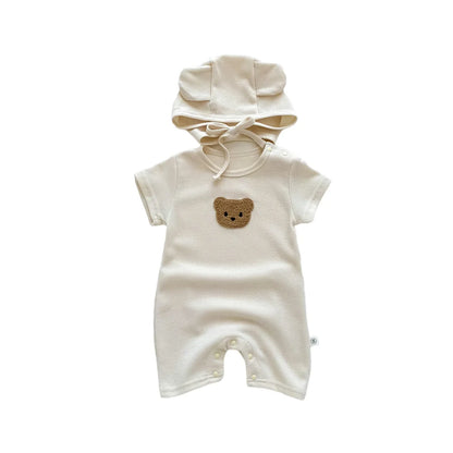 Baby Waffle Bear Romper & Hat Set | Short Sleeve Newborn Jumpsuit 0-24 Months