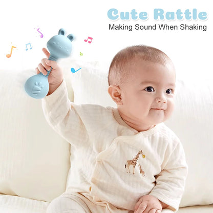 Baby Bunny Silicone Rattle Teether | Easy-Grip Dumbbell Toy for Infants