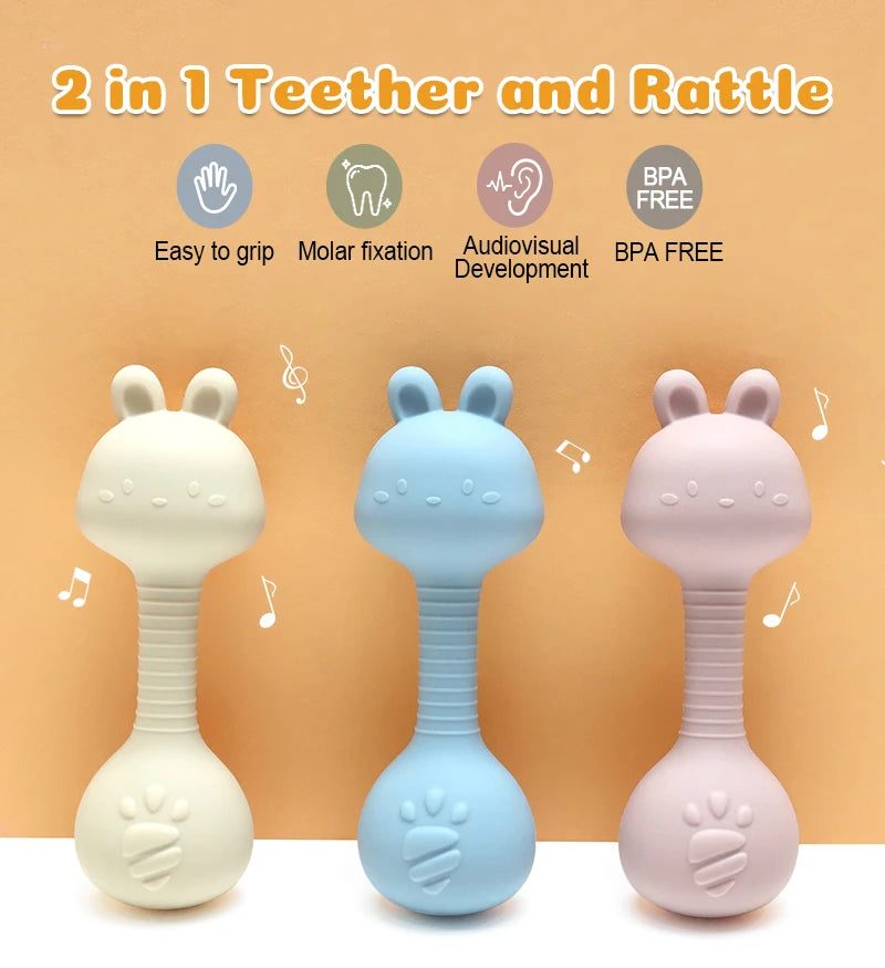 Baby Bunny Silicone Rattle Teether | Easy-Grip Dumbbell Toy for Infants