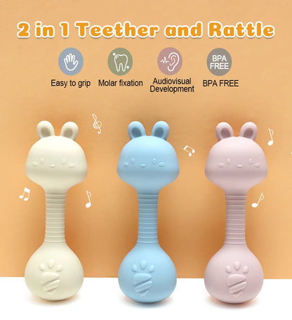 Baby Bunny Silicone Rattle Teether | Easy-Grip Dumbbell Toy for Infants