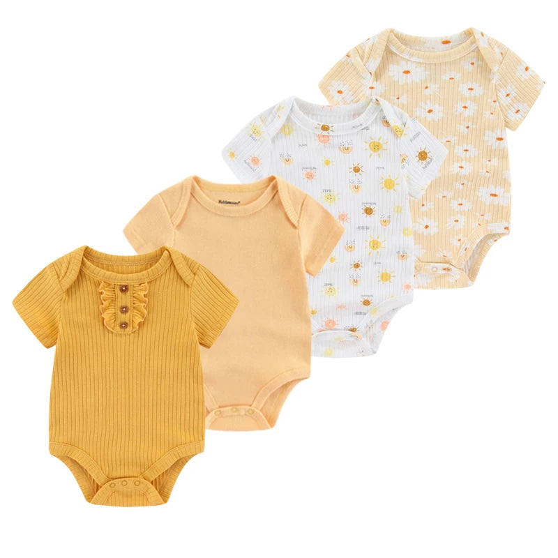 Baby Cartoon Cotton Romper 4-Piece Set | Short Sleeve Newborn Bodysuit 3-12 Months