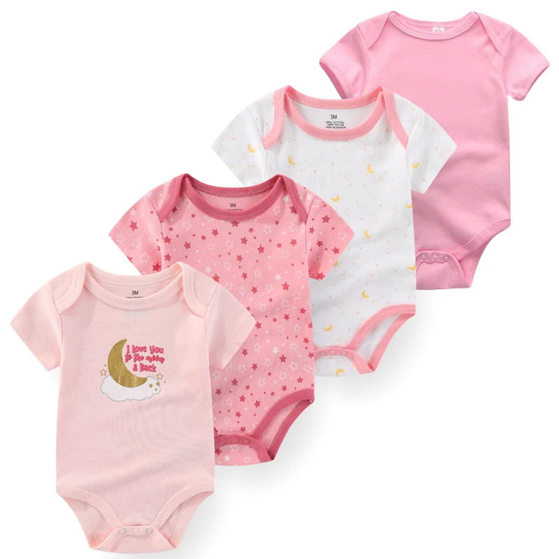 Baby Cartoon Cotton Romper 4-Piece Set | Short Sleeve Newborn Bodysuit 3-12 Months
