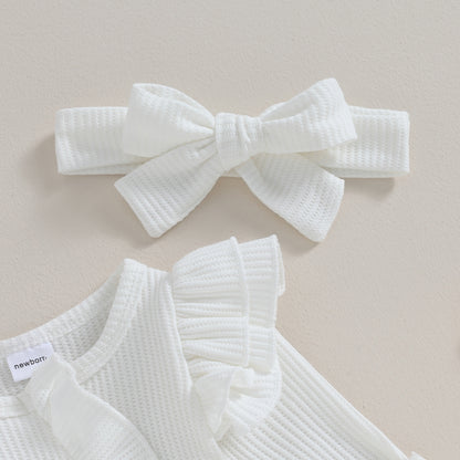 Baby Girl Ruffle Sleeve Zipper Romper & Bow Headband Set | Solid Colour 0-12 Months