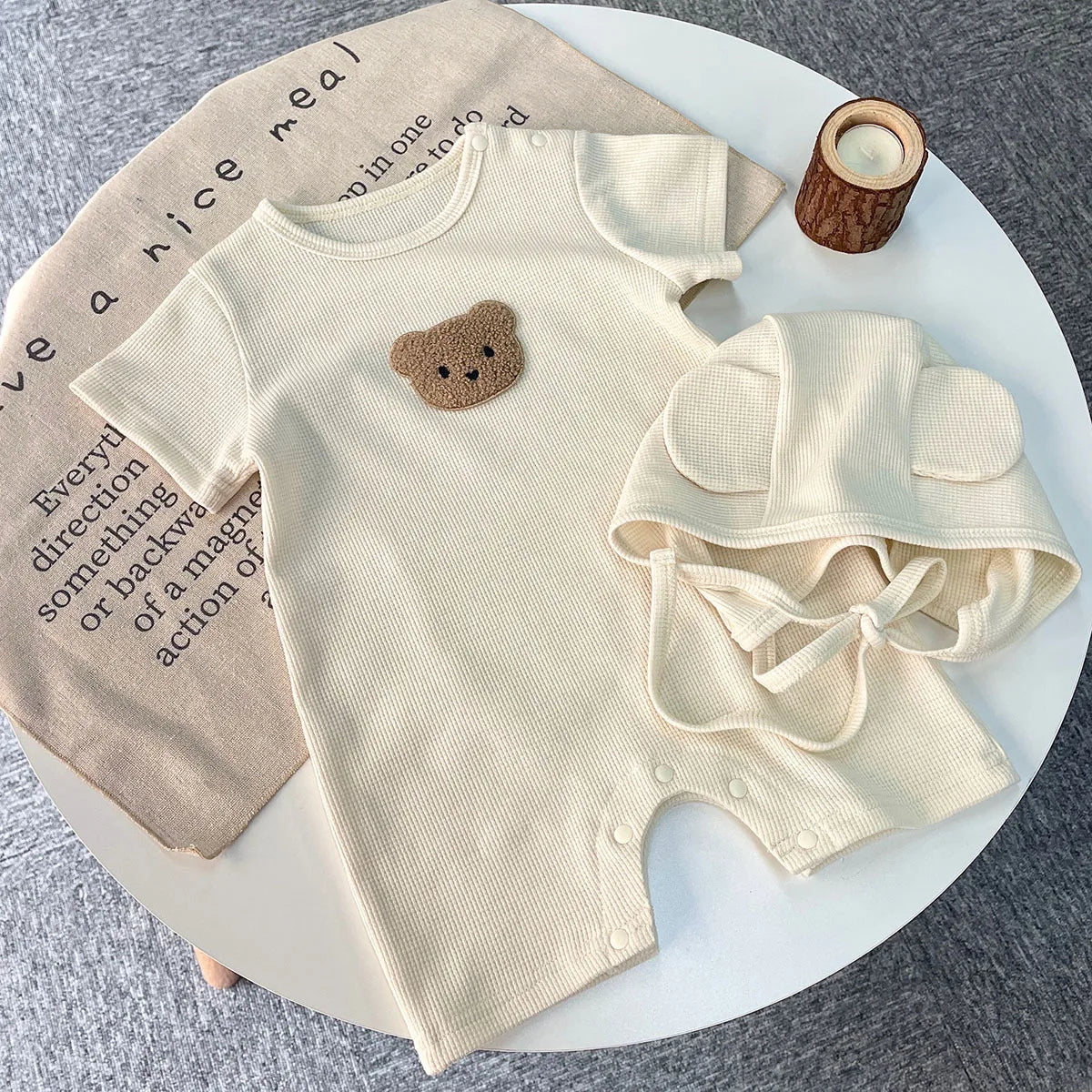 Baby Waffle Bear Romper & Hat Set | Short Sleeve Newborn Jumpsuit 0-24 Months