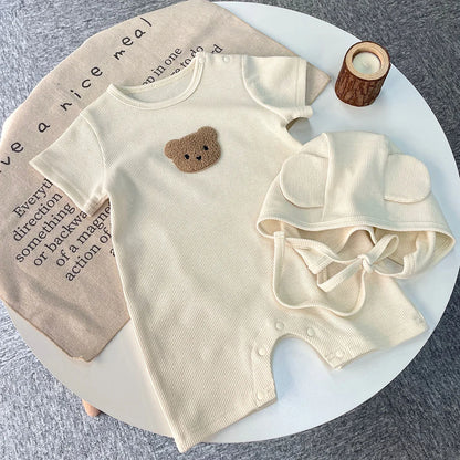 Baby Waffle Bear Romper & Hat Set | Short Sleeve Newborn Jumpsuit 0-24 Months