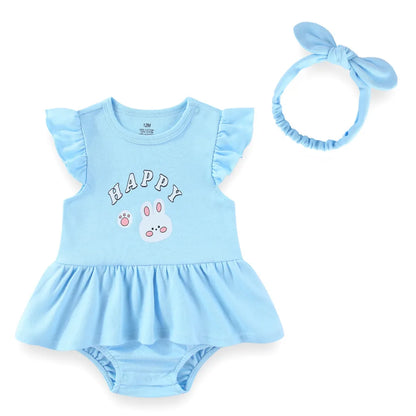Baby Girl Cartoon Bodysuit & Bow Headband Set | Flutter Sleeve 100% Cotton 0-24M