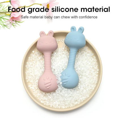 Baby Bunny Silicone Rattle Teether | Easy-Grip Dumbbell Toy for Infants