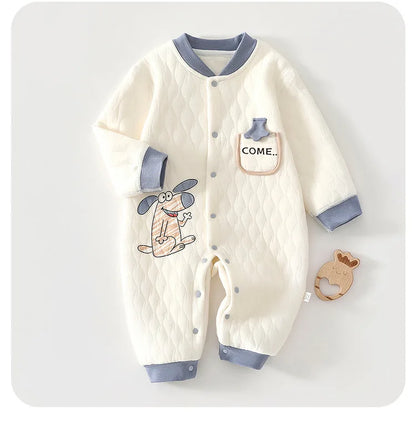 Baby Thick Cotton Jumpsuit | Three-Layer Warm Crawling Suit Autumn Winter 0-18M