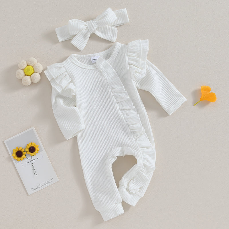 Baby Girl Ruffle Sleeve Zipper Romper & Bow Headband Set | Solid Colour 0-12 Months