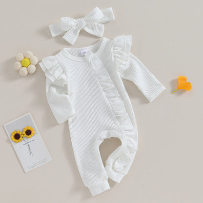 Baby Girl Ruffle Sleeve Zipper Romper & Bow Headband Set | Solid Colour 0-12 Months