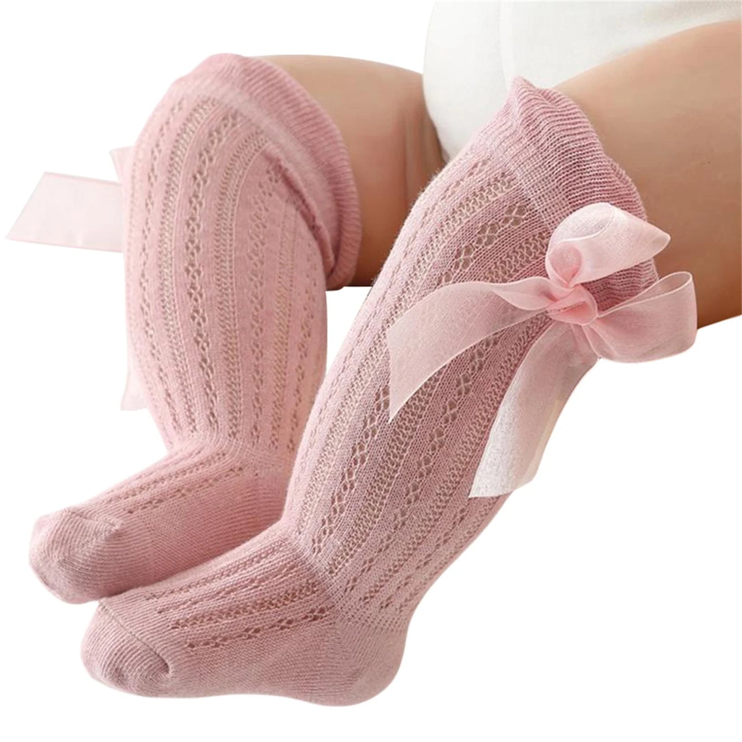 Baby Girls Over-The-Knee Bow Stockings | Breathable Cotton Socks 0-24 Months