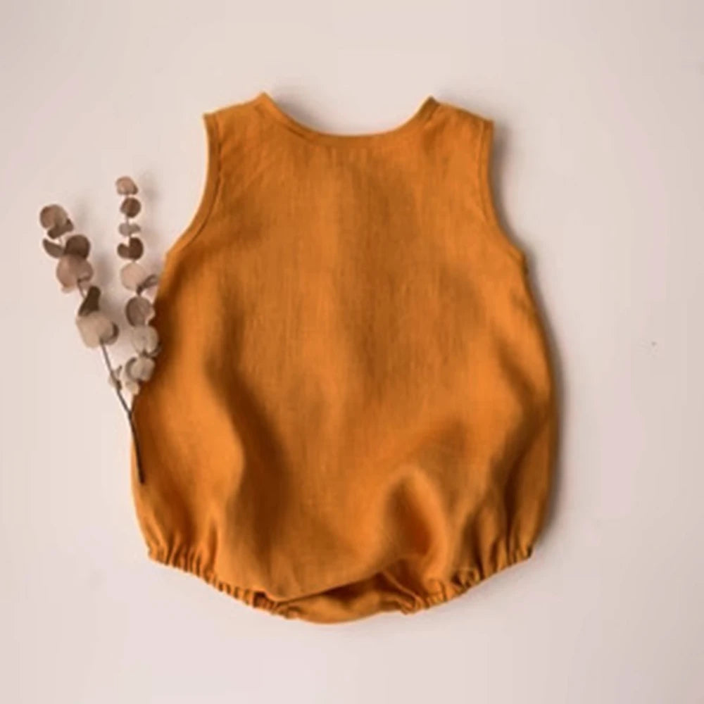 Newborn Linen Cotton Sleeveless Romper | Breathable Unisex Bodysuit 0–24 Months