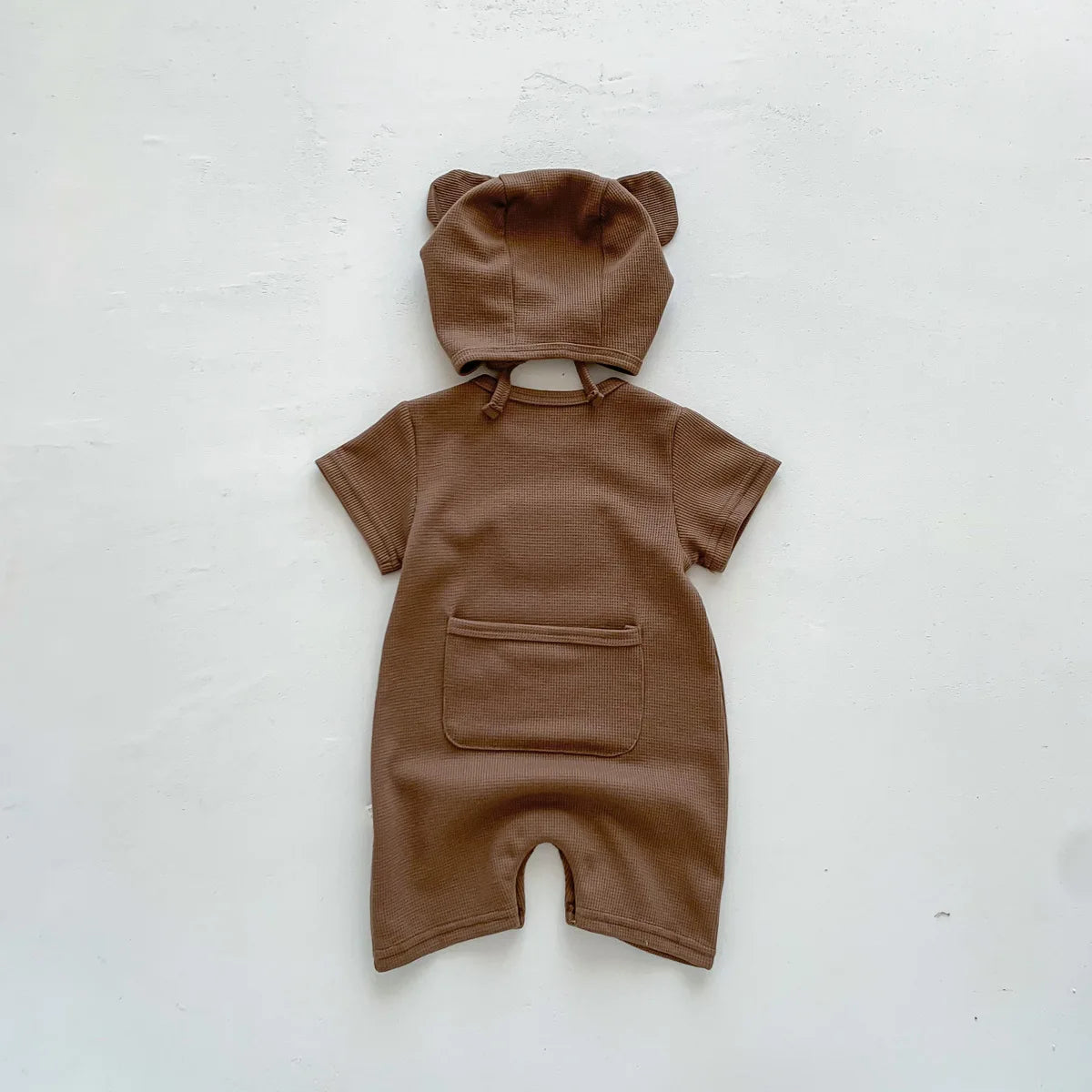 Baby Waffle Bear Romper & Hat Set | Short Sleeve Newborn Jumpsuit 0-24 Months
