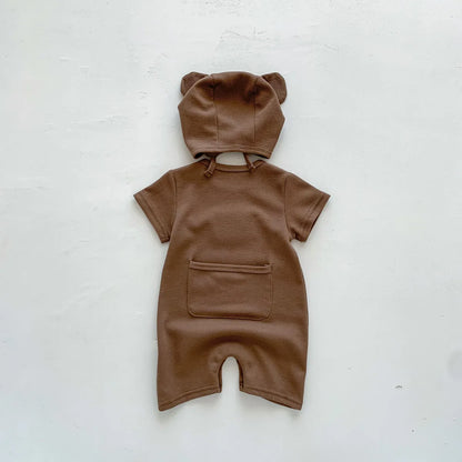 Baby Waffle Bear Romper & Hat Set | Short Sleeve Newborn Jumpsuit 0-24 Months
