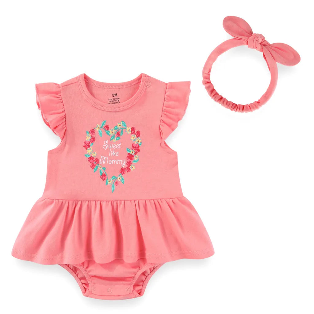 Baby Girl Cartoon Bodysuit & Bow Headband Set | Flutter Sleeve 100% Cotton 0-24M