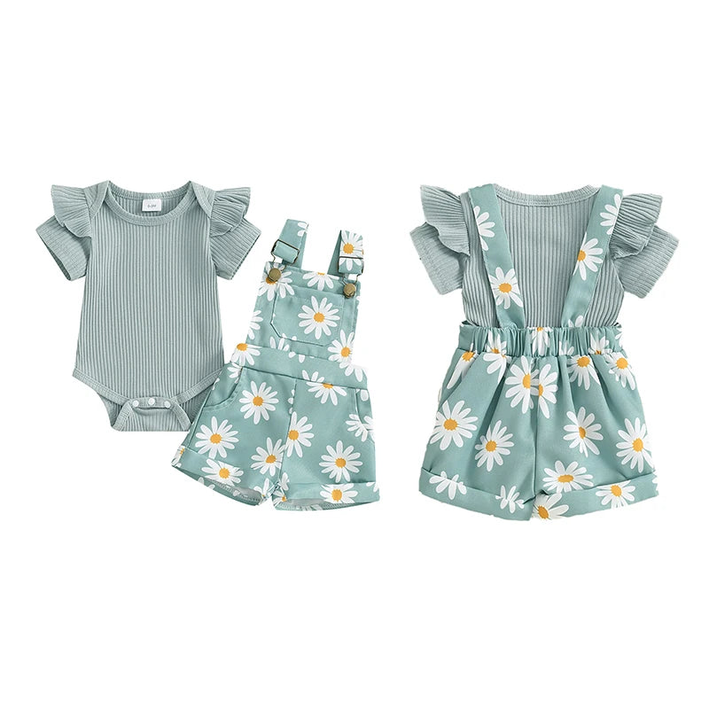 Baby Girl Flower Print Romper & Suspender Shorts Set | Summer Outfit 0-18 Months