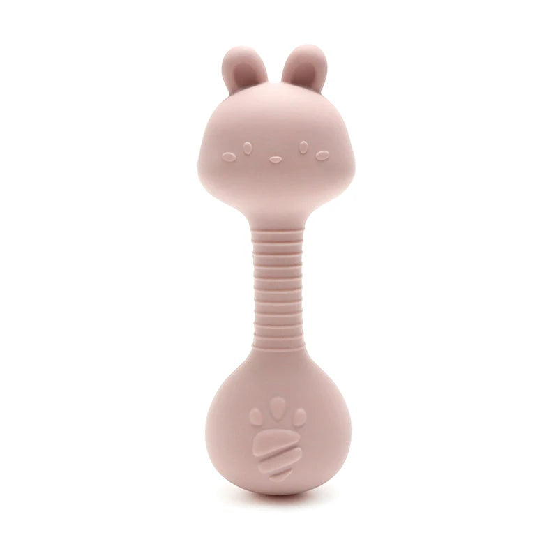 Baby Bunny Silicone Rattle Teether | Easy-Grip Dumbbell Toy for Infants