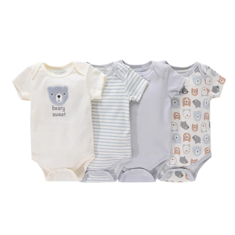 Baby Cartoon Cotton Romper 4-Piece Set | Short Sleeve Newborn Bodysuit 3-12 Months
