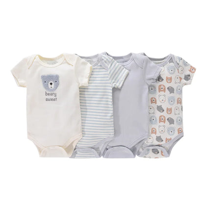 Baby Cartoon Cotton Romper 4-Piece Set | Short Sleeve Newborn Bodysuit 3-12 Months