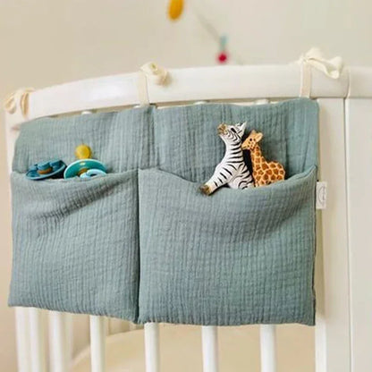 Baby Crib Storage Bag | Cotton Double Pouch Bed Organiser for Nappies, Toys & Essentials