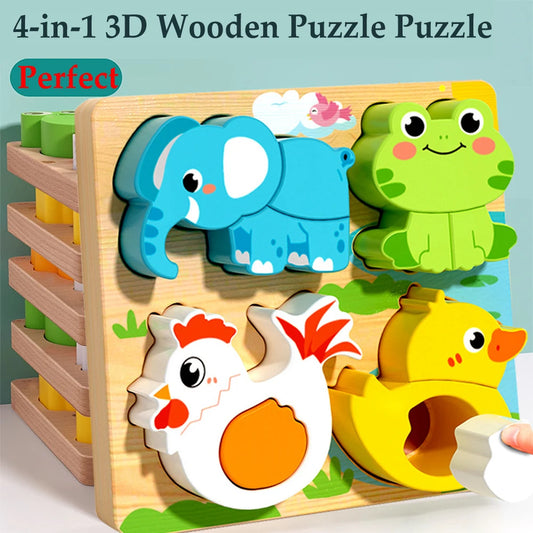 4-in-1 Wooden Animal Puzzle | Early Learning Jigsaw for Toddlers 1–3 Years