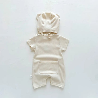 Baby Waffle Bear Romper & Hat Set | Short Sleeve Newborn Jumpsuit 0-24 Months