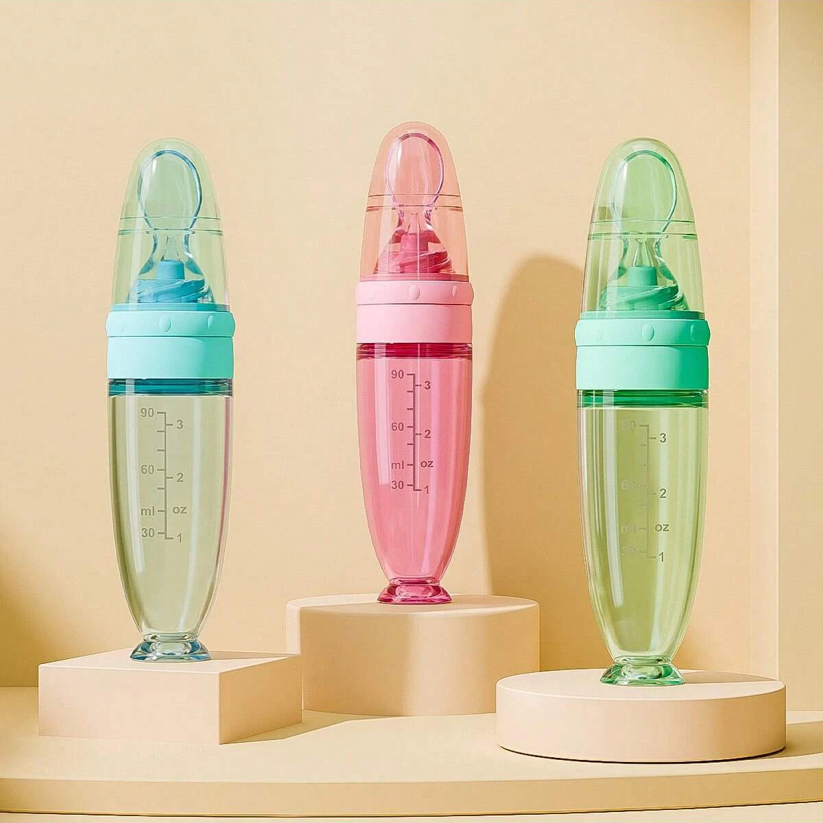 90ml Colourful Silicone Baby Bottle Feeder | Soft Spoon, Suction Cup & Dust Cap | Portable Squeeze Bottle