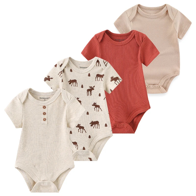 Baby Cartoon Cotton Romper 4-Piece Set | Short Sleeve Newborn Bodysuit 3-12 Months
